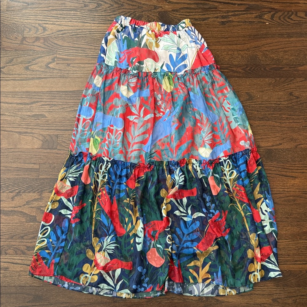 Hutch Multicolored Tiered Maxi Skirt with Red & Blue Motif